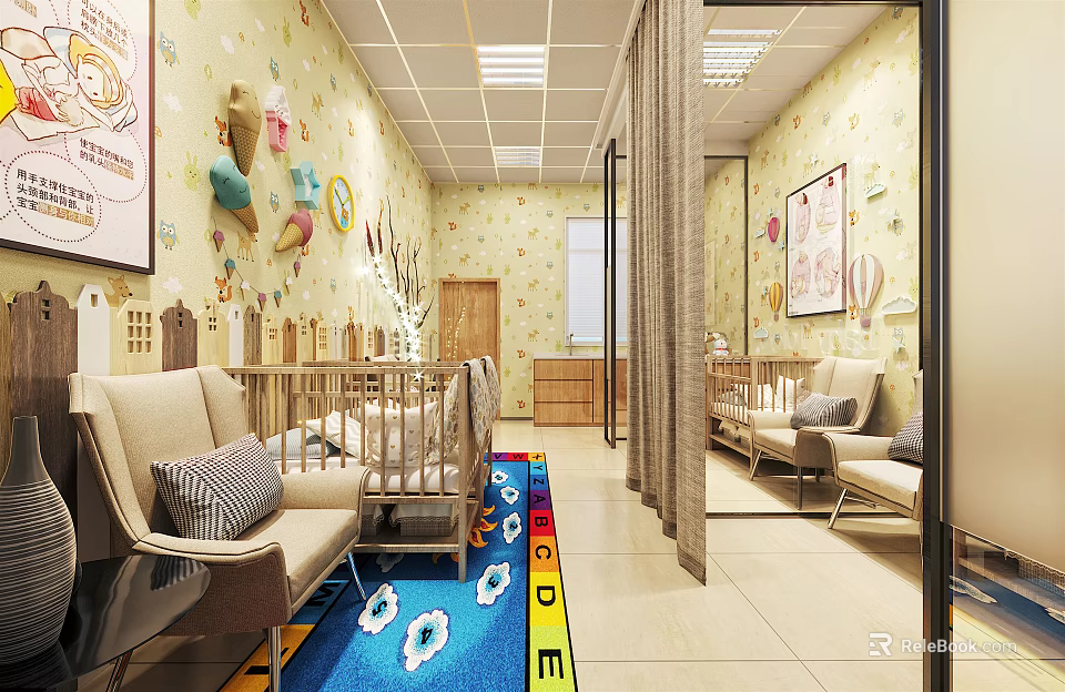Nursery Room Interior With Yellow Walls Cartoon Decorations Baby Cribs Sofas And Colorful Carpet 3d model 