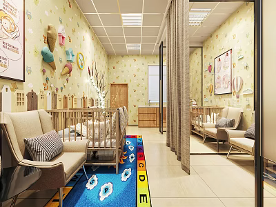 Nursery Room Interior With Yellow Walls Cartoon Decorations Baby Cribs Sofas And Colorful Carpet 3d model