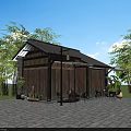 Rural Self Built Wooden House With Black Roof Bamboo Trees And Outdoor Stone Paved Area
