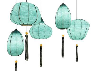 Turquoise Fabric Lantern Shaped Chandeliers With Black Tassels For Home Interior Decor 3d model