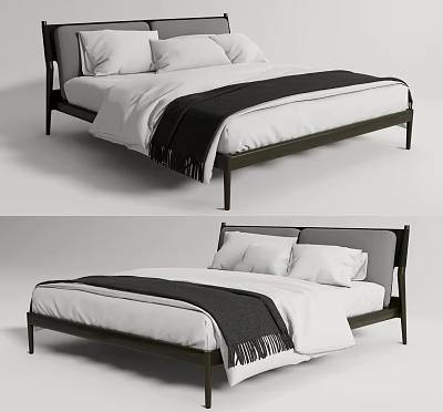 Modern Double Bed With Dark Frame White Bedding And Black Throw Blanket 3d model