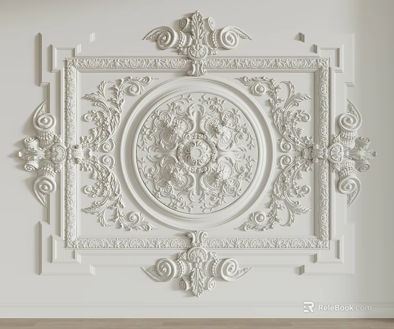 White Ornate Ceiling Design With Carved Circular Patterns And Symmetrical Decor 3d model 