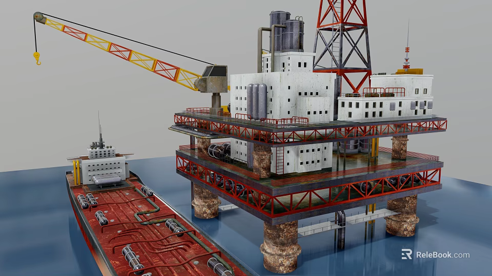 Large Offshore Oil Drilling Platform With Yellow Crane Tower And Support Ship 3d model 