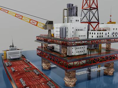 Large Offshore Oil Drilling Platform With Yellow Crane Tower And Support Ship 3d model