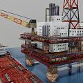 Large Offshore Oil Drilling Platform With Yellow Crane Tower And Support Ship