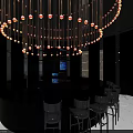 Modern Restaurant Interior With Round Chandelier Black Bar Counter And White Stools