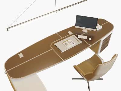 Modern Sleek Office Desk With Computer Monitor Keyboard Notebook And Chair 3d model