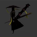 Eastern Style Warrior Character Wearing Large Hat With Yellow Sash And Weapon