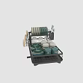 Kitchen Dish Drying Rack With Plates Glasses Bowls Knives And Cutting Board