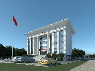 White Office Building With Red Flag And Cars Parked Surrounded By Trees And Green Lawn 3d model