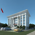 White Office Building With Red Flag And Cars Parked Surrounded By Trees And Green Lawn