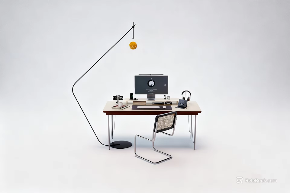 Stylish Modern Desk And Chair Set With Computer Monitor And Floor Lamp 3d model 