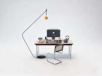 Stylish Modern Desk And Chair Set With Computer Monitor And Floor Lamp 3d model