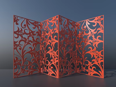 Red Decorative Folding Room Divider With Intricate Laser Cut Floral Patterns 3d model
