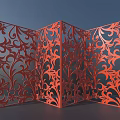 Red Decorative Folding Room Divider With Intricate Laser Cut Floral Patterns 3d model