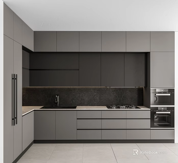 Sleek Modern Gray Kitchen Cabinets With Countertop Sink And Stove Appliances 3d model 