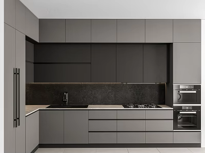 Sleek Modern Gray Kitchen Cabinets With Countertop Sink And Stove Appliances 3d model