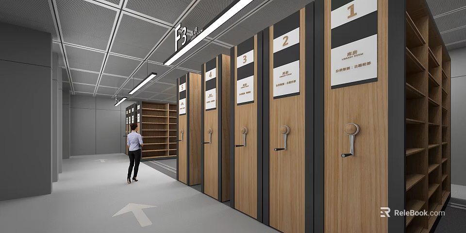 Numbered Wooden Lockers In Modern Corridor With Directional Arrow And Person Walking 3d model 