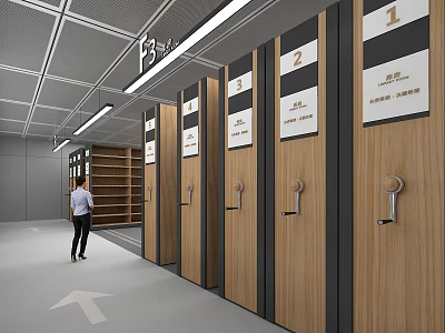 Numbered Wooden Lockers In Modern Corridor With Directional Arrow And Person Walking 3d model