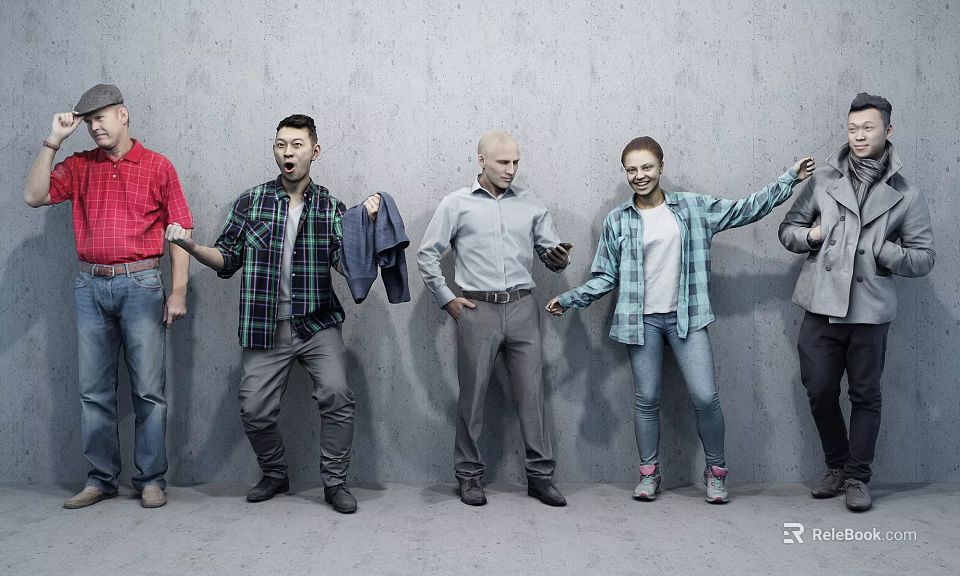 Diverse Group of People Standing Against Gray Wall in Casual Clothing with Varied Poses 3d model 