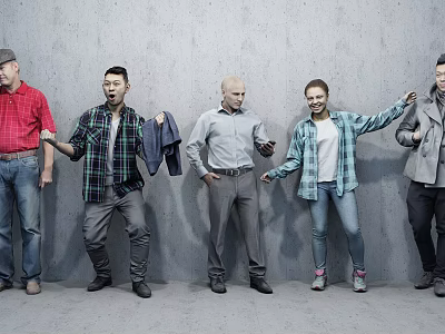 Diverse Group of People Standing Against Gray Wall in Casual Clothing with Varied Poses 3d model