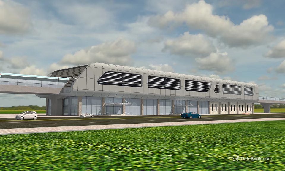 Modern Train Station Exterior With Streamlined Roof Glass Curtain Walls Green Lawn And Parked Cars 3d model 