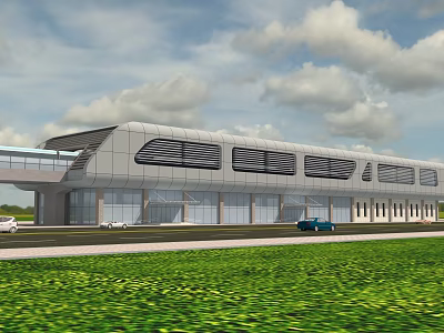 Modern Train Station Exterior With Streamlined Roof Glass Curtain Walls Green Lawn And Parked Cars 3d model