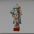 Traditional Japanese Kimono Mannequin Display With Colorful Floral Patterns And Red Base