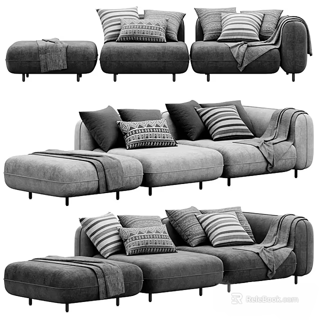Modern Gray Sofa Set With Modular Sections Decorative Pillows And Throw Blankets 3d model 
