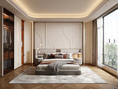 Modern Bedroom Interior With Large Bed Textured Wall Panel And Floor To Ceiling Window 3d model