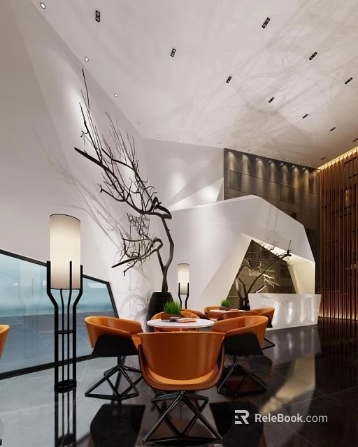 Modern Hotel Public Lounge With Curved White Structure Orange Chairs And Branch Decor 3d model 