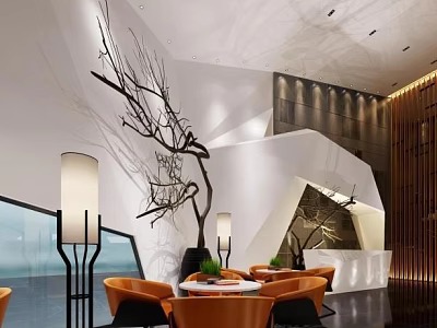 Modern Hotel Public Lounge With Curved White Structure Orange Chairs And Branch Decor 3d model