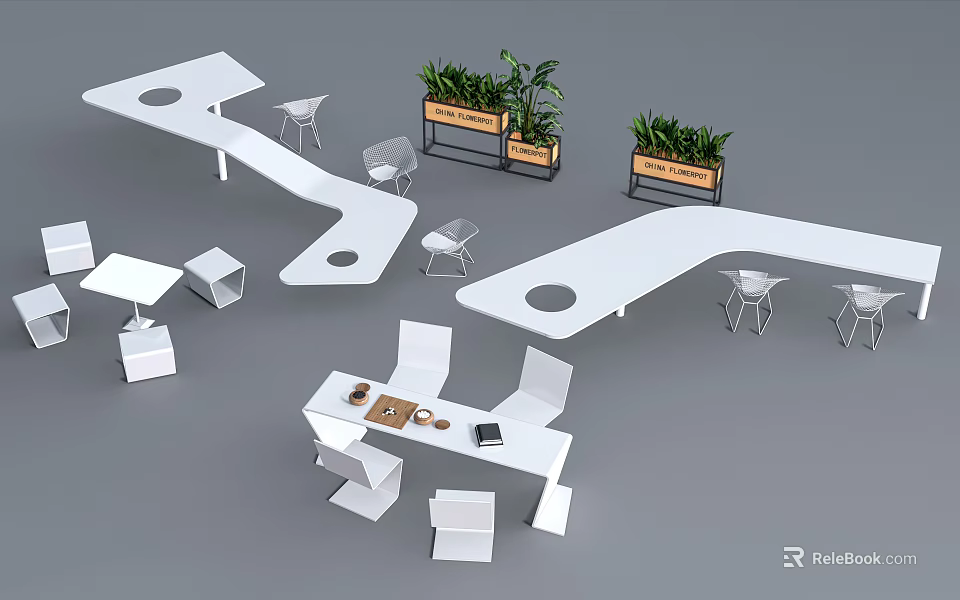 Modern White Landscape Seating Design With Tables And Potted Plants 3d model 