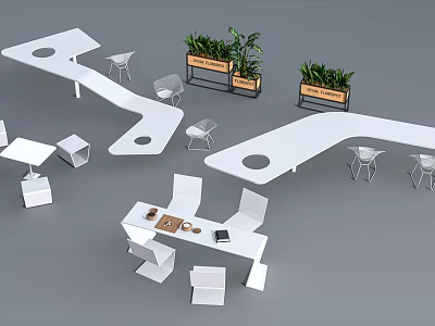 Modern White Landscape Seating Design With Tables And Potted Plants 3d model