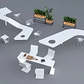 Modern White Landscape Seating Design With Tables And Potted Plants