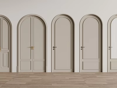 Arched Light Beige Hinged Doors With Various Designs And Golden Handles In Modern Interior 3d model