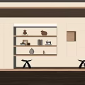 Modern Sofa Background Wall With Wooden Shelves Decorative Items Books White Cabinets And Small Stools
