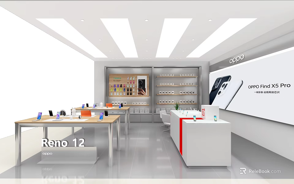 OPPO Retail Store Showcasing Reno 12 Smartphones And Display Counters In Bright Interior 3d model 