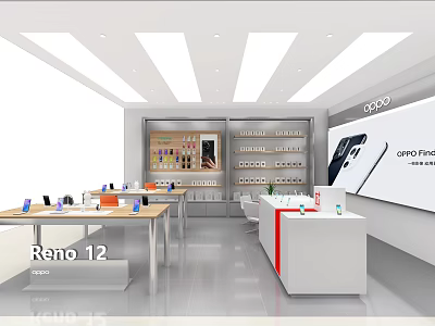 OPPO Retail Store Showcasing Reno 12 Smartphones And Display Counters In Bright Interior 3d model