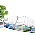 Colorful Playground Equipment With Wavy Fence Tree And Bright Ground Design