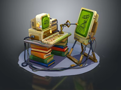 Vintage Computer Setup With Retro Green Screen Monitor Keyboard Wooden Stand And Stacked Books 3d model
