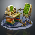 Vintage Computer Setup With Retro Green Screen Monitor Keyboard Wooden Stand And Stacked Books