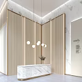 Elegant Modern Reception Desk Design With Marble Counter And Wooden Lighting