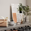 Gray Metal Multi Tier Shoe Rack With Shoes Handbag Decor And Plants
