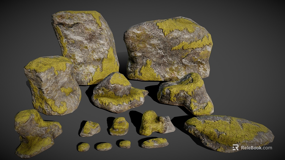 Natural Stones And Wood Pieces With Yellow Moss In Various Sizes 3d model 