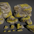 Natural Stones And Wood Pieces With Yellow Moss In Various Sizes
