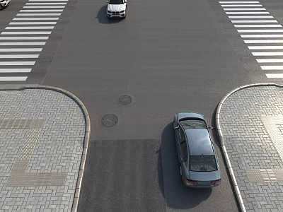 Road Facilities at Urban Intersection With Crosswalks Paved Sidewalks Manhole Covers and Cars 3d model