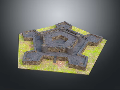 Medieval Stone Fortress Structure With Detailed Hexagonal Layout And Grass Surroundings 3d model