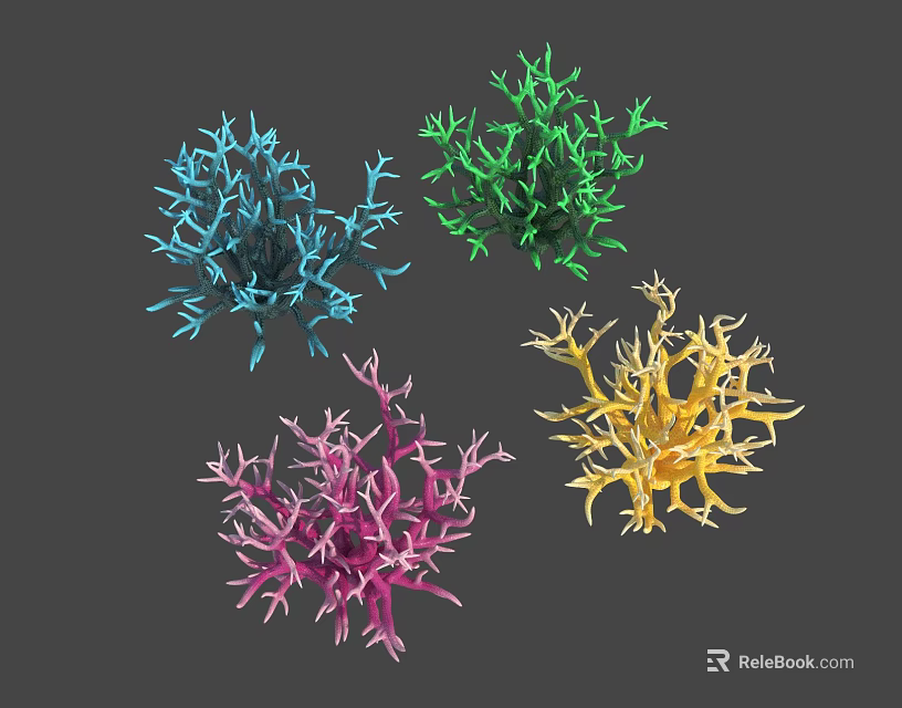 Vibrant Branching Coral Marine Animals With Blue Green Pink Yellow Hues 3d model 
