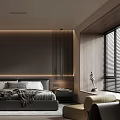 Sleek Modern Bedroom Interior With Dark Wall Paneling LED Lighting And Gray Bedding